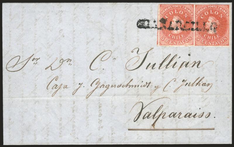 1854, 5c Red Brown, Lithograph (7a).> Horizontal pair, large margins to well clear at top, bright Rose Brown shade and fine impression, tied by <^CHANARCILLO straightline> handstamp on greenish folded letter to
Valparaiso, from the Jagerschmidt & J