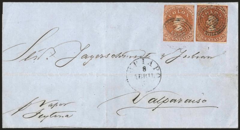 1854, 5c Chocolate Brown, Lithograph (7d).> Large margins to barely touched at left, magnificent deep rich color, <used with 1854 5c Burnt Sienna, Gillet Print (4),> ample margins to slightly in at upper right,
each stamp tied by four-ring cancel, C