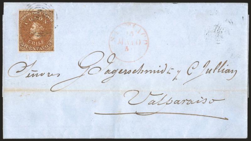 1854, 5c Deep Yellowish Brown, Lithograph (7a shade variety).> Large to huge margins, extraordinary deep shade and heavily-inked impression, tied by light strike of four-ring cancel, red Santiago 15 Mayo 55
circular datestamp on blue cover to Valpa