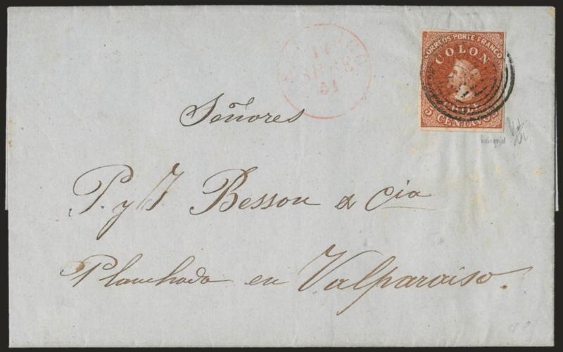 1854, 5c Red Brown, Lithograph (7a).> Large margins to clear at top right, rich color, tied by four-ring cancel, red Santiago 14 Sbre 54 circular datestamp on greenish folded letter to Valparaiso, Very Fine, a
choice stamp and cover, ex Caspary, si