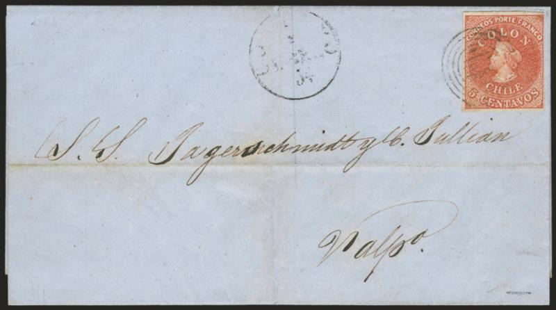 1854, 5c Orange Brown, Lithograph (7c).> Large margins to clear at upper right, bright shade, tied by lightly struck four-ring cancel, faint Copiapo 6 Dbre 54 circular datestamp on blue folded cover to
Valparaiso, Very Fine