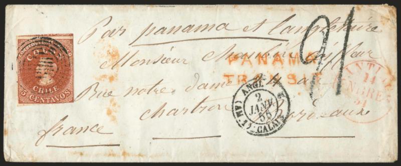 1854, 5c Red Brown, Lithograph (7a).> Large margins to clear at bottom right, beautiful shade and impression, tied by four-ring cancel, red Santiago 14 Nbre 54 circular datestamp on small cover <to Bordeaux,
France,> senders routing <<Par panama