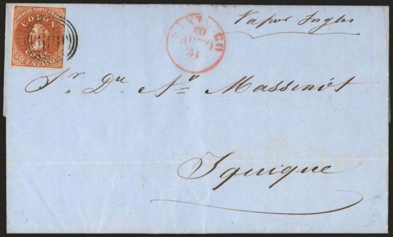 1854, 5c Red Brown, Lithograph (7a).> Large margins to clear at right, gorgeous deep rich color, tied by four-ring cancel, red Santiago 20 Agto 54 circular datestamp on blue folded letter <to Iquique, Peru,>
senders routing <<Vapor Inglas,>> sta