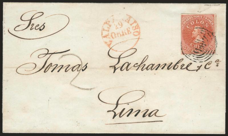 1854, 5c Red Brown, Lithograph (7a).> Bright Rose Brown shade, full to large margins, tied by four-ring cancel, red Valparaiso 29 Obre circular datestamp on folded cover <to Lima, Peru,> 1859 receipt docketing,
Very Fine, late use of the Lithograph