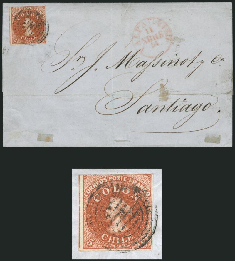 1854, 5c Red Brown, Lithograph, Big Squeeze Transfer Flaw (7 var).> Galvez Type 1 (Blank 5Vt 12), large margins to barely in at top, tied by lightly-struck four-ring cancel, red Valparaiso 11 Nbre 54 circular
datestamp on blue folded cover to S