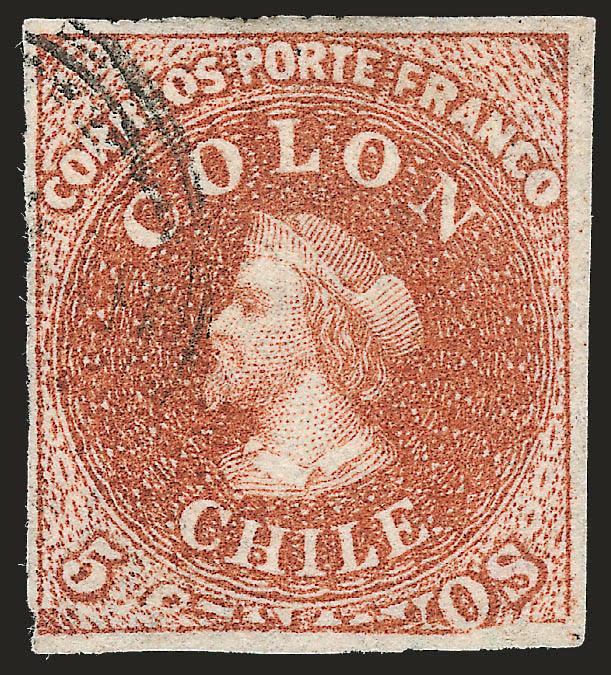 1854, 5c Red Brown, Lithograph, Big Squeeze Transfer Flaw (7 var).> Galvez Type 3 (Blank 5Vt 13), large margins all around, lightly-struck four-ring cancel well away from the key part of the impression at
bottom<><>^EXTREMELY FINE GEM EXAMPLE O