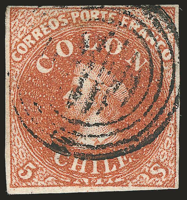 1854, 5c Red Brown, Lithograph, Big Squeeze Transfer Flaw (7 var).> Galvez Type 1 (Blank 5Vt 12), full to large margins, four-ring cancel well away from the key part of the impression at bottom, tiny corner
crease at bottom right<><>^EXTREMELY
