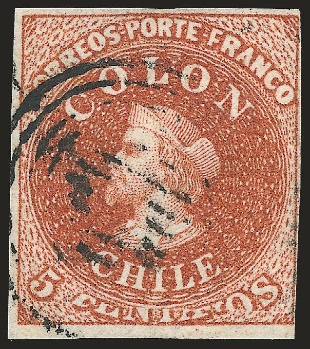 1854, 5c Red Brown, Lithograph, Big Squeeze Transfer Flaw (7 var).> Galvez Type 2 (Blank 5Vt 11), three full to large margins, touched at right, four-ring cancel does not obscure transfer flaw at bottom<><>^VERY
FINE. A CHOICE SOUND EXAMPLE OF