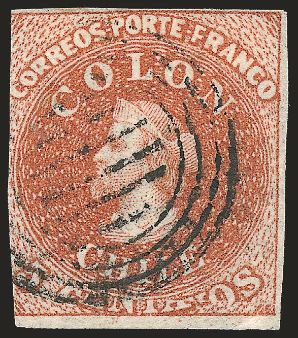 1854, 5c Red Brown, Lithograph, Big Squeeze Transfer Flaw (7 var).> Galvez Type 2 (Blank 5Vt 11), three clear to large margins, in at left, four-ring cancel<><>^A FINE EXAMPLE OF THE BIG SQUEEZE LITHOGRAPHIC
TRANSFER FLAW, IN WHICH ALMOST ALL