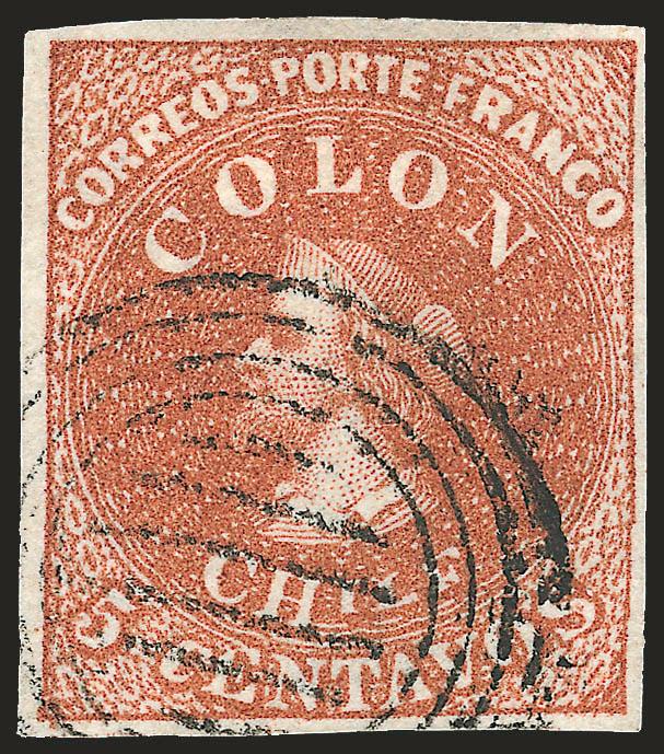 1854, 5c Red Brown, Lithograph, Transfer Flaw (7 var).> Blank 5Vt 22, <Chile and C of Centavos squeezed,> large margins all around, rich color, four-ring cancel, Extremely Fine, ex Caspary