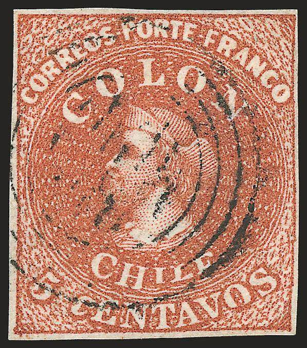 1854, 5c Red Brown, Lithograph, Transfer Flaw (7 var).> Blank 5Vt 22, <Chile and C of Centavos squeezed,> full to large margins all around, rich color, light four-ring cancel, Extremely Fine, ex
Caspary