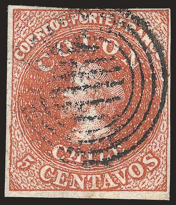 1854, 5c Red Brown, Lithograph, Transfer Flaw (7 var).> Blank 5Vt 23, <5 and Chile squeezed,> ample to large margins, four-ring cancel, Very Fine