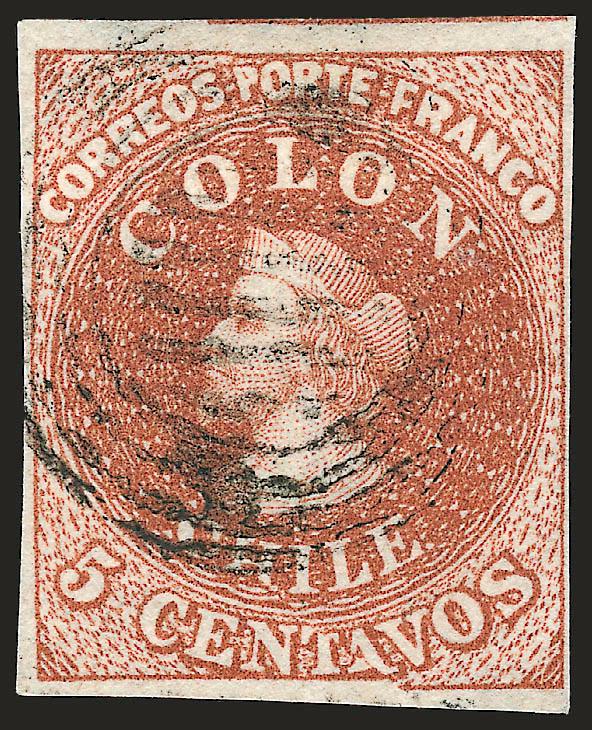 1854, 5c Red Brown, Lithograph, Transfer Flaw (7 var).> Blank 5Vt 25, <Ch of Chile and ta of Centavos squeezed,> ample to large margins, four-ring cancel, Extremely Fine, ex Walters and Caspary, illustrated in
Blank book (plate 22)