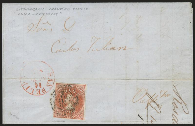 1854, 5c Red Brown, Lithograph, Transfer Flaw (7 var).> Blank 5Vt 26, <Chi of Chile squeezed,> large margins to clear at left, tied by four-ring cancel, red San Felipe 14 Agot 55 circular datestamp on greenish
folded letter to Valparaiso, fil