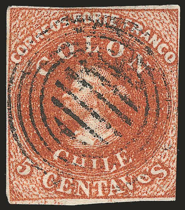 1854, 5c Red Brown, Lithograph, Transfer Flaw (7 var).> Blank 5Vt 28, <Chile and o of Centavos squeezed,> ample margins to slightly in at right, rich color, four-ring cancel, Fine