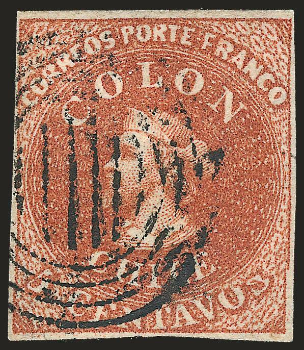 1854, 5c Red Brown, Lithograph, Transfer Flaw (7 var).> Blank 5Vt 32, <os of Centavos squeezed,> ample to large margins, four-ring cancel, Very Fine