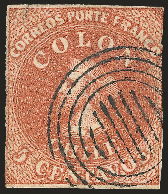 1854, 5c Red Brown, Lithograph, Transfer Flaw (7 var).> Blank 5Vt 32, <5 and Centavos squeezed,> ample margins to slightly in at right, four-ring cancel, couple scissors-cuts and corner crease, otherwise
Fine