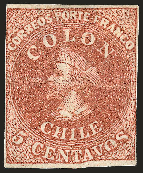 1854, 5c Red Brown, Lithograph, Transfer Flaw (7 var).> Blank 5Vt 33, <vos of Centavos squeezed,> unused (no gum), large margins at top and bottom, close but clear margins at sides, trivial thin spot, horizontal
crease<><>^FINE APPEARANCE. AN