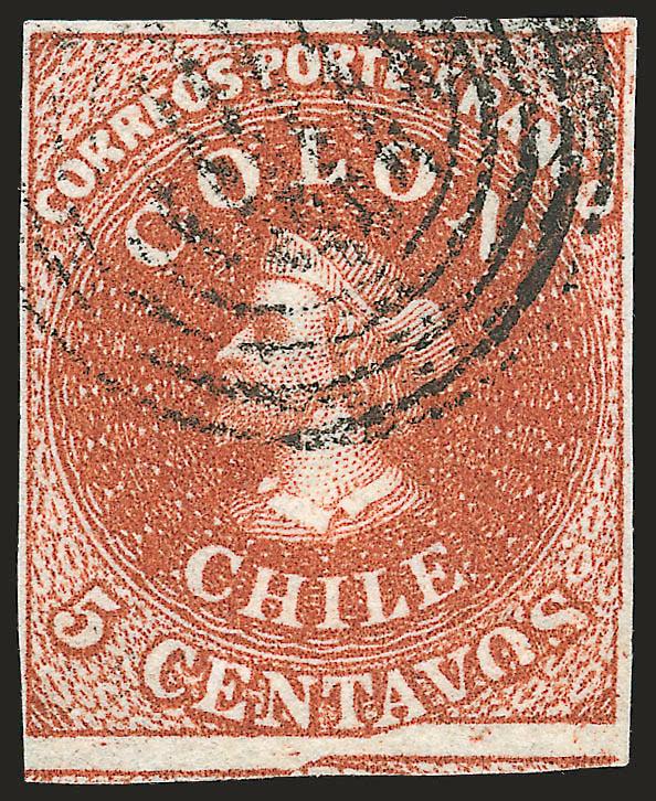 1854, 5c Red Brown, Lithograph, Transfer Flaw (7 var).> Blank 5Vt 33, <vos of Centavos squeezed,> ample to large margins including part of adjoining stamp below which shows another transfer flaw (Blank 5Vt 516),
rich color, four-ring cancel,