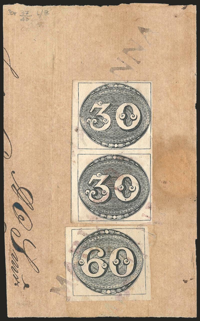 1843, 30r, 60r Bulls Eyes (1, 2).> Vertical pair of 30r, Positions 3743, Large Plate, State B, ample to large margins, used with 60r, large margins, tied by three strikes of faint purplish brown ^MARIANNA^
straightline town handstamp on piece of