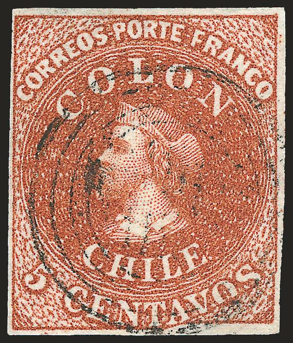 1854, 5c Red Brown, Lithograph, Transfer Flaw (7 var).> Blank 5Vt 33, <vos of Centavos squeezed,> ample to large margins, four-ring cancel, Very Fine, illustrated in Blank book (plate 23)