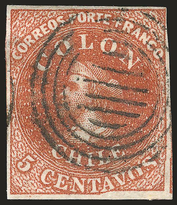 1854, 5c Red Brown, Lithograph, Transfer Flaw (7 var).> Blank 5Vt 33, <vos of Centavos squeezed,> large margins to clear, rich color, four-ring cancel, small thin and tiny tear in the same place at upper left,
really very trivial, still Very Fi