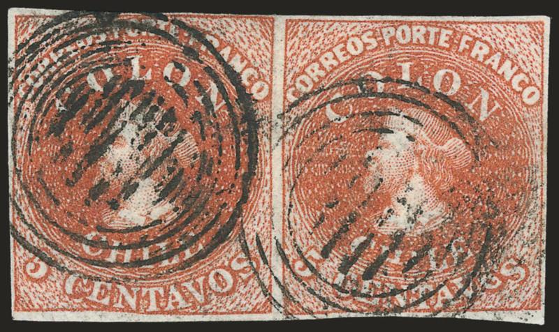 1854, 5c Red Brown, Lithograph, Transfer Flaw (7 var).> Blank 5Vt 39-10, horizontal pair, <left stamp Ce of Centavos squeezed, right stamp Chi of Chile and o of Centavos squeezed,> full to large margins all
around, rich color, four-ring