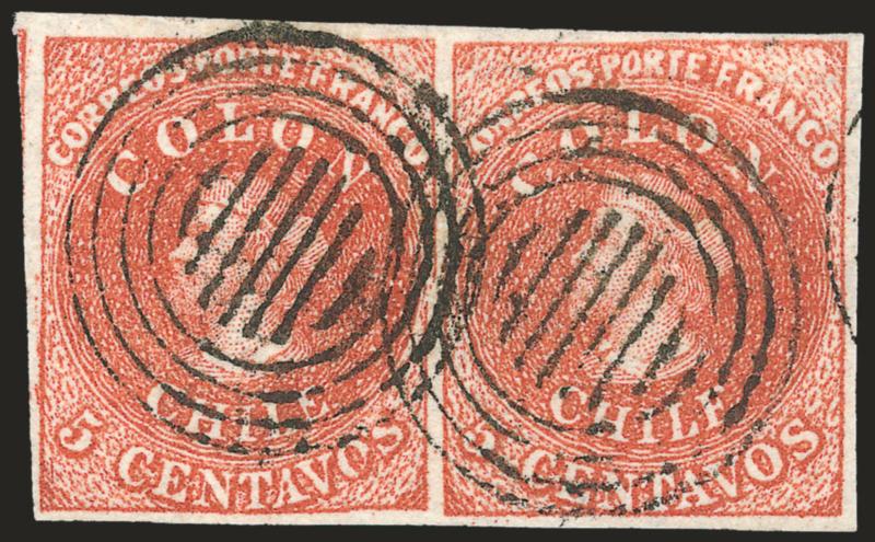 1854, 5c Red Brown, Lithograph, Transfer Flaw (7 var).> Blank 5Vt 311, <os of Centavos squeezed,> left stamp in horizontal pair, right stamp also shows a slight squeeze above Porte, large margins all around,
four-ring cancels, rich color, Ext