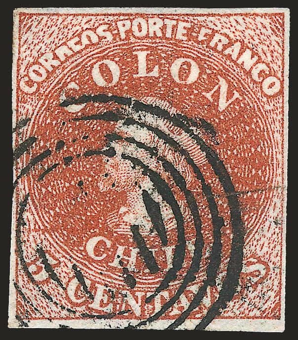 1854, 5c Red Brown, Lithograph, Transfer Flaw (7 var).> Blank 5Vt 52, <reos of Correos and F of Franco squeezed,> full even margins, four-ring cancel, Very Fine, illustrated in Blank book (plate 25)