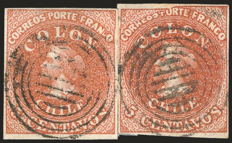 1854, 5c Red Brown, Lithograph, Transfer Flaw (7 var).> Blank 5Vt 515-16, two singles, left stamp <c of Franco squeezed> and right stamp <Correos Porte squeezed,> large margins, four-ring cancels, Very Fine,
illustrated in Blank book (plate 2