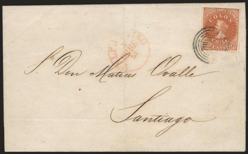 1854, 5c Red Brown, Lithograph, Transfer Flaw (7 var).> Blank 5Vt 65, <bottom right corner squeezed,> large margins to clear at top, tied by four-ring cancel, red Valparaiso 2 Dbre 54 circular datestamp on
folded cover to Santiago, file fold clea