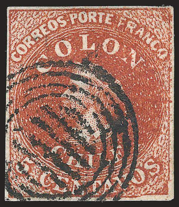 1854, 5c Red Brown, Lithograph, Transfer Flaw (7 var).> Blank 5Vt 614, <bottom right corner squeezed,> full margins all around, rich color, four-ring cancel, Very Fine