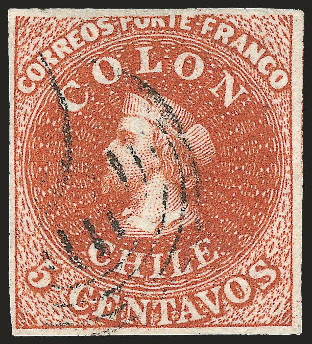 1854, 5c Red Brown, Lithograph, Transfer Flaw (7 var).> Blank 5Vt 818, <top of design missing,> large margins, light four-ring cancel, Extremely Fine