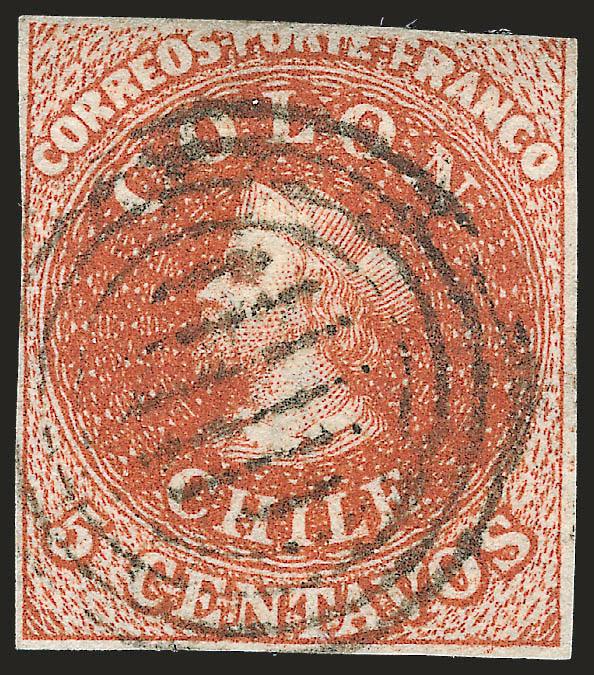 1854, 5c Red Brown, Lithograph, Transfer Flaw (7 var).> Blank 5Vt 818, <top of design missing,> ample margins, four-ring cancel, Very Fine, similar to the previous but not exactly the same