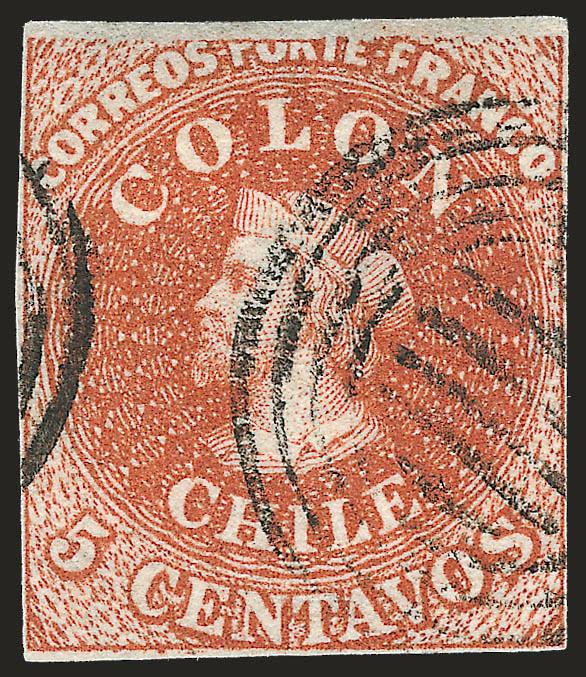 1854, 5c Red Brown, Lithograph, Transfer Flaw (7 var).> Blank 5Vt 818, <top of design missing,> close but clear margins, four-ring cancel, Fine, scarce variety