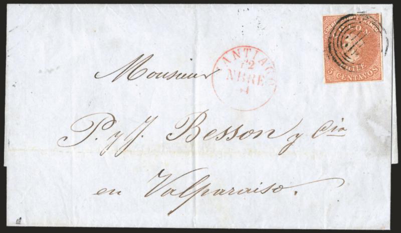 1854, 5c Red Brown, Lithograph, Transfer Flaw (7 var).> Part of <extra frameline at bottom left,> large even margins, tied by four-ring cancel, red Santiago 12 Nbre 54 circular datestamp on greenish folded cover
to Valparaiso, Extremely Fine
