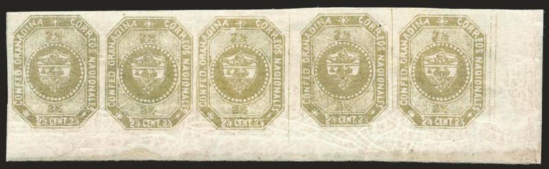 1859, 2-12c Olive Green (1b).> Positions 51-55, horizontal strip of five with full corner sheet margins, original gum, large margins all around, rich color, usual gum creasing, negligible small thin between two
stamps at left<><>^EXTREMELY FINE. A