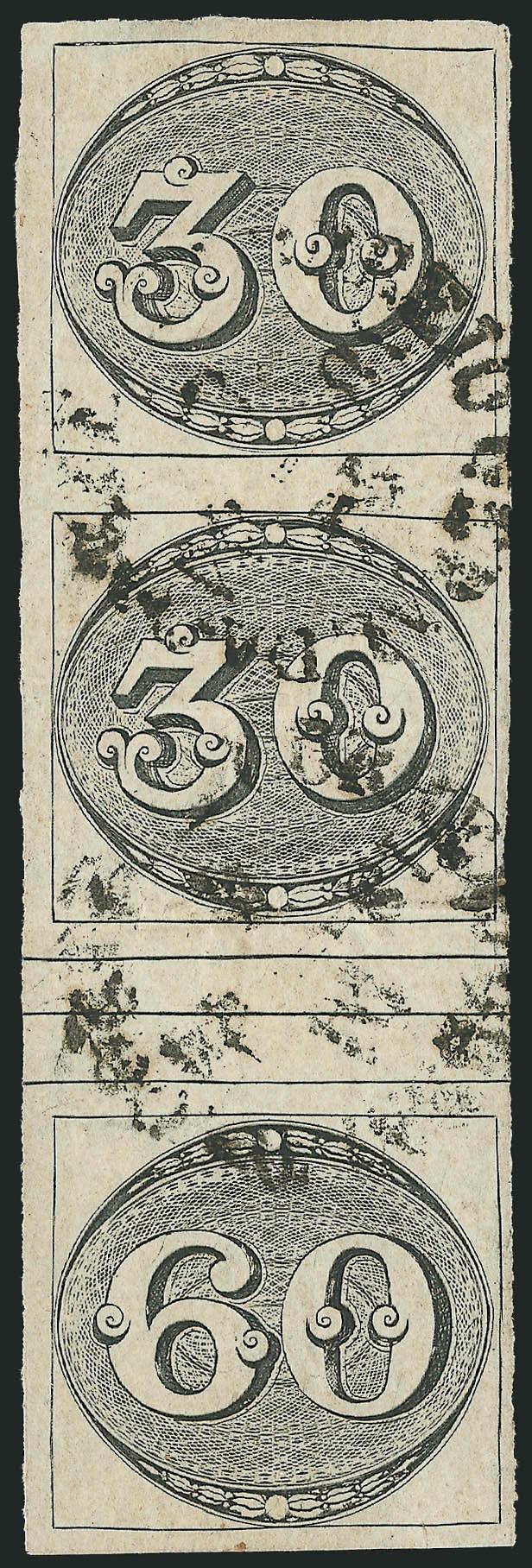 1843, 30r30r60r Black, Se-Tenant Strip of Three (1d).> 2nd Composite Plate, State D, 30r Positions 1117, 60c Position 5, vertical strip of three from the 30r and 60r panes, the <<Xiphopagus Triplet>> with
interpanneau dividing line between 30r and