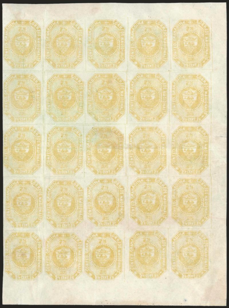 1859, 2-12c Yellow Green (1a).> Positions 7-11 thru 51-55, block of 25 from the right side of the sheet, large margins including sheet margins, unused (no gum), bright shade, faint creases, small tear in right
sheet margin, couple thin spots<><>^V