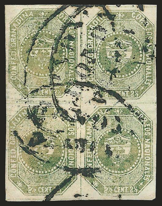 1859, 2-12c Olive Green (1b).> Block of four, large margins, cancelled by ^HONDAFRANCA^ oval, beautiful color and impression, corner crease and a few very slight thin spots, Extremely Fine appearance, the
Bortfeldt handbook (page 18) mentions use