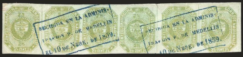 1859, 2-12c Green (1).> Horizontal strip of six, large margins almost all around but touched at bottom where misaligned transfers are shifted downward, beautiful bright color, cancelled by two clear strikes of
Medellin Nov. 10, 1859 framed receiving