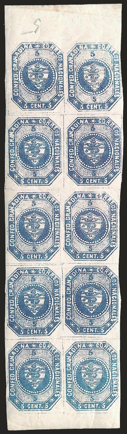 1859, 5c Blue Violet (3c).> Vertical block of ten from <Stone A (First Stone),> original gum, sheet margins at top and bottom, large to clear at sides, distinctive shade -- not a Reddish Violet but clearly the
Blue Violet associated with the Stone A