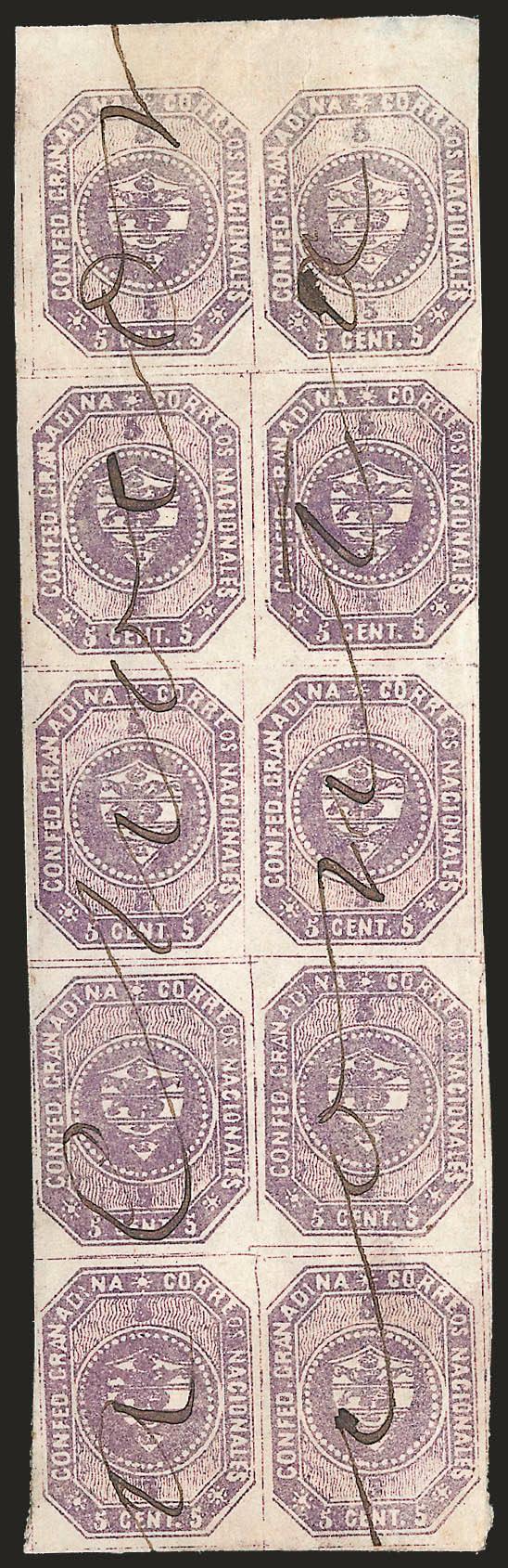 1859, 5c Violet (3).> Vertical block of ten from <Stone A (First Stone),> top sheet margin and large margins all around, distinctive Reddish Violet shade associated exclusively with Stone A printings, neat
Choconta manuscript cancel, a couple tiny