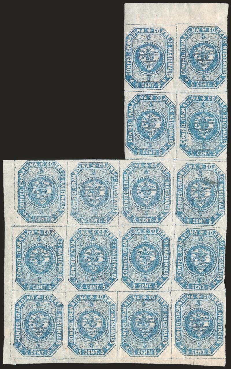 1859, 5c Blue (2).> Positions 3-414-1523-2634-3745-48, block of 16 from the left side of <Stone B,> original gum, sheet margins on three sides, slightly in at right, usual gum creasing, thin spot breaks paper in
one stamp at right, a few other ti