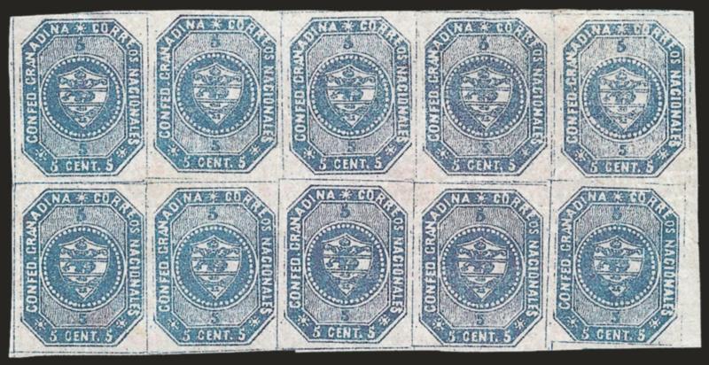 1859, 5c Blue (2).> Stone B, Positions 18-2229-33, horizontal block of ten, original gum, large margins including part of right sheet margin, beautiful fresh color and paper, couple small faint thin specks,
usual gum creasing<><>^EXTREMELY FINE. A