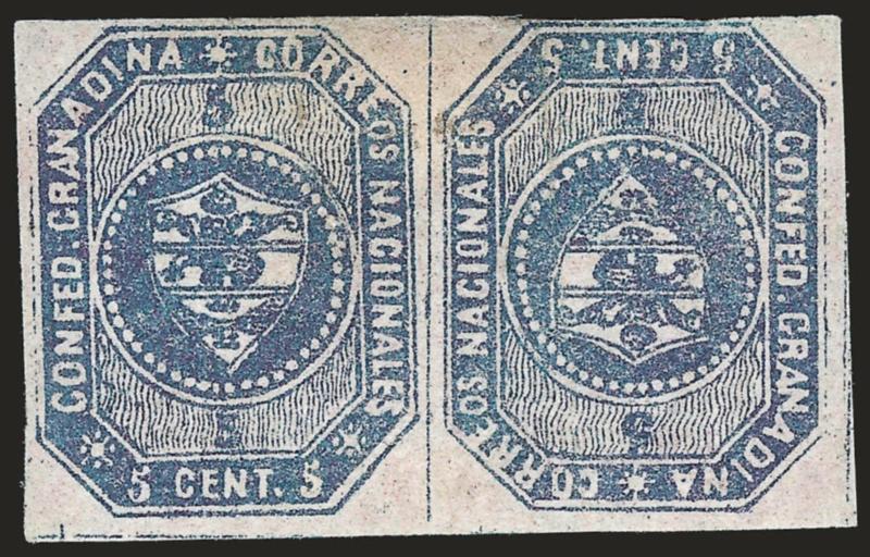 1859, 5c Blue Violet, Tete-Beche Pair (3a).> Stone B, Positions 42-43, horizontal pair, original gum, large margins to clear, couple vertical gum creases and two tiny thin specks in margin<><>^VERY FINE
APPEARANCE. A CHOICE EXAMPLE OF THE 5-CENTAVO