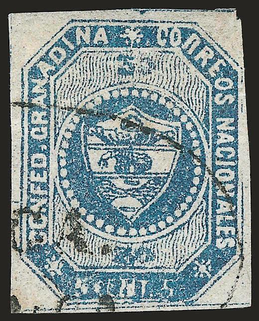 1859, 5c Blue, 50 centavos instead of 5 Cliche Error (2b).> Stone B, Position 38, ample to large margins all around, lightly struck ^(BU)GA(FRANCA)^ oval cancel leaving 50 error denominations completely visible,
excellent color and entirely