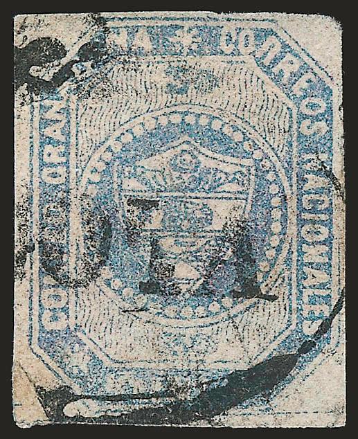 1859, 5c Gray Blue, 50 centavos instead of 5 Cliche Error (2b).> Stone B, Position 38, large margins to clear at right, cancelled by ^(BOG)OTA^ oval leaving 50 error denominations completely visible, pastel
shade, slight crease at upper left,