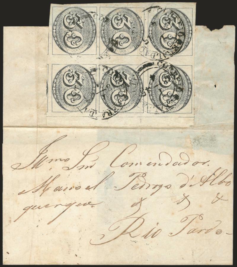 1843, 30r Black, Late Impression (3).> Large Plate, State A, Positions 23-2429-3035-36, block of six, large to huge margins including sheet margin and outer frameline at right, tied by one of four strikes of
Correio Geral da Corte 141845 circul