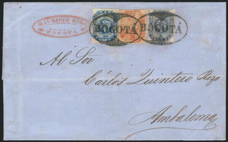 1859, 5c Blue Violet, 10c Red Brown, 20c Blue (3c, 4, 6).> Three different values of the First Issue, each with full to large margins, bright fresh colors, tied by two perfect bold strikes of ^BOGOTA^ oval
handstamp on blue folded cover to Ambalema